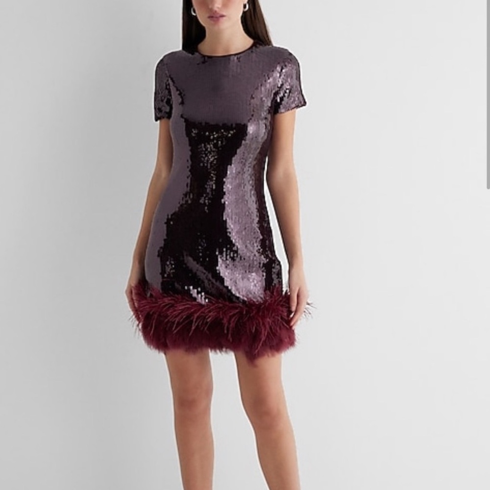 Express Purple Sequin Sheath Mini Dress with Feather Hem